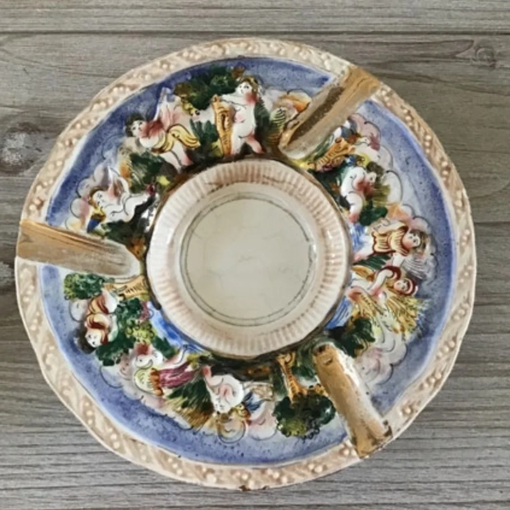 Vintage Capodimonte Italian Ashtray Cherubs Angels Hand Painted Porcelain 3D